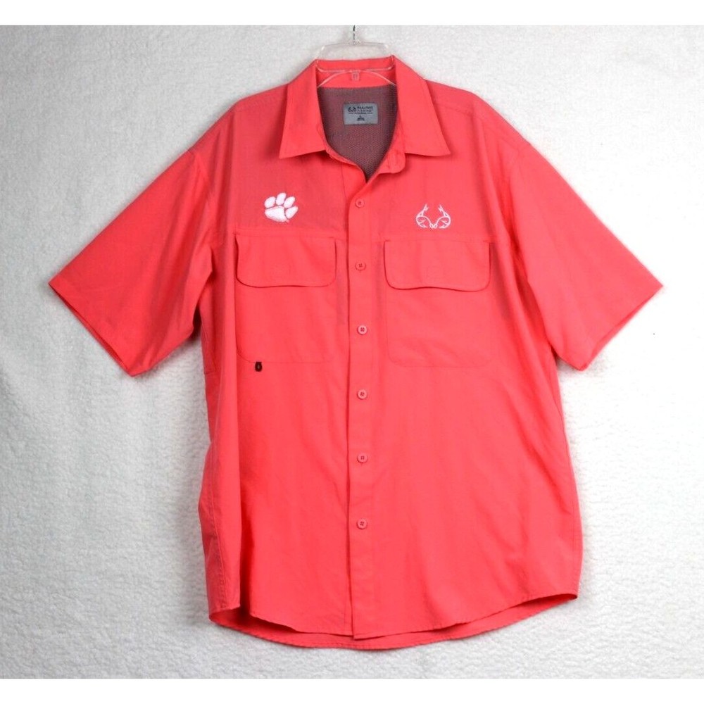 Real Tree Clemson Embroidered Vented Fishing Shirt Men's Size Large Orange